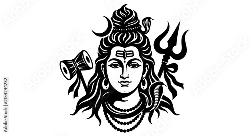 Fierce Hindu Lord Shiva Mahakaal black silhouette vector icon with third eye trishul crescent moon and sacred ornaments