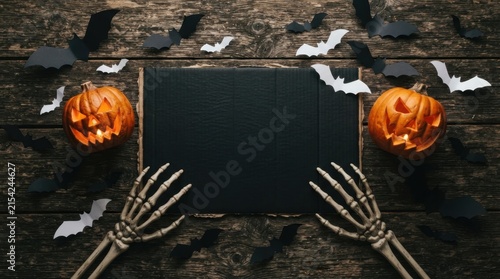 Halloween flat lay with skeleton hands pumpkins and bats