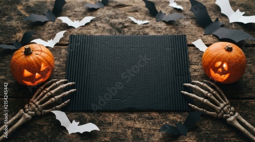 Halloween flat lay with skeleton hands pumpkins and bats layout