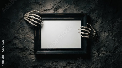 Skeleton hands holding picture frame on dark stone background
