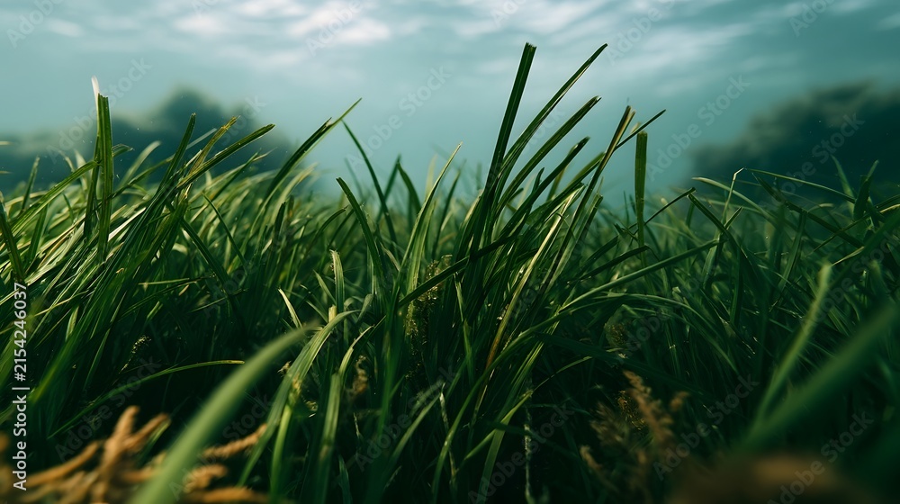 Fototapeta premium Underwater seagrass blades sway gently in clear blue water with soft light filtering from above