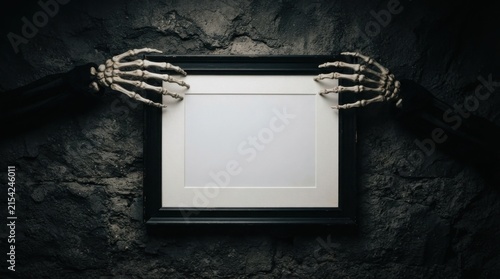 Skeleton hands holding picture frame on dark stone background wide