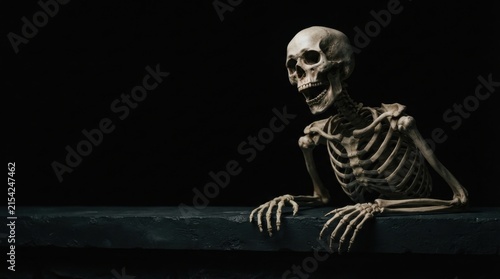 Spooky skeleton leaning on dark stone surface