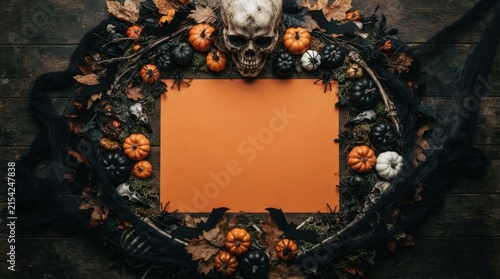 Spooky Halloween flat lay frame with skull and pumpkins