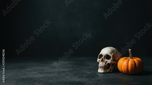Human skull and small pumpkin on dark stone surface