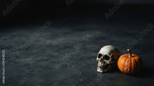 Human skull and small pumpkin on dark stone surface wide