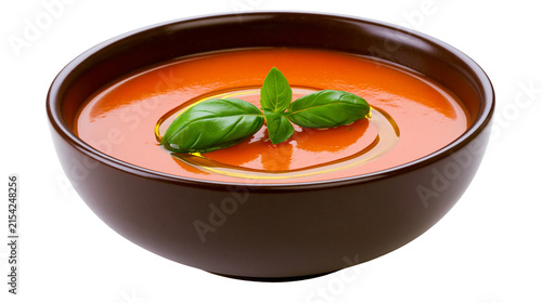 Fotografie Rich tomato soup with fresh basil and olive oil swirl, isolated on transparent b