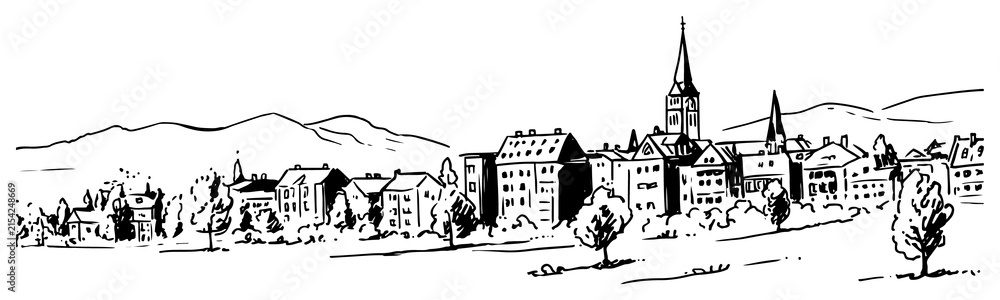 Fototapeta premium Scenic european village with church tower and mountain backdrop in sketch style
