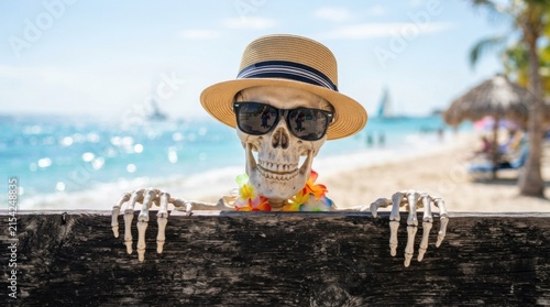 Skeleton wearing hat and sunglasses relaxing at tropical beach