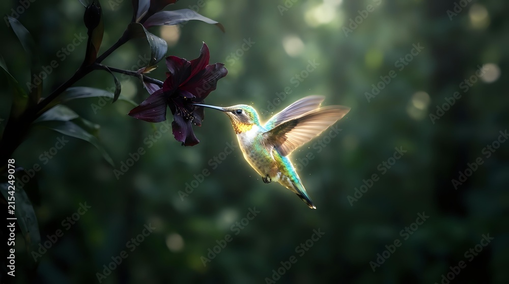 Fototapeta premium Hummingbird with iridescent plumage hovering near a dark purple flower in a garden