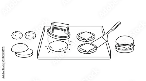 Bild auf Leinwand Smash Burger Cooking Process Vector Illustration Showing Griddle Smasher Press S
