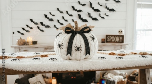 White decorated pumpkin with black bow on table setup