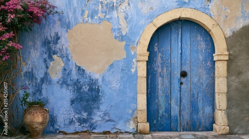 Weathered blue painted wall with peeling texture, Mediterranean backdrop and ...