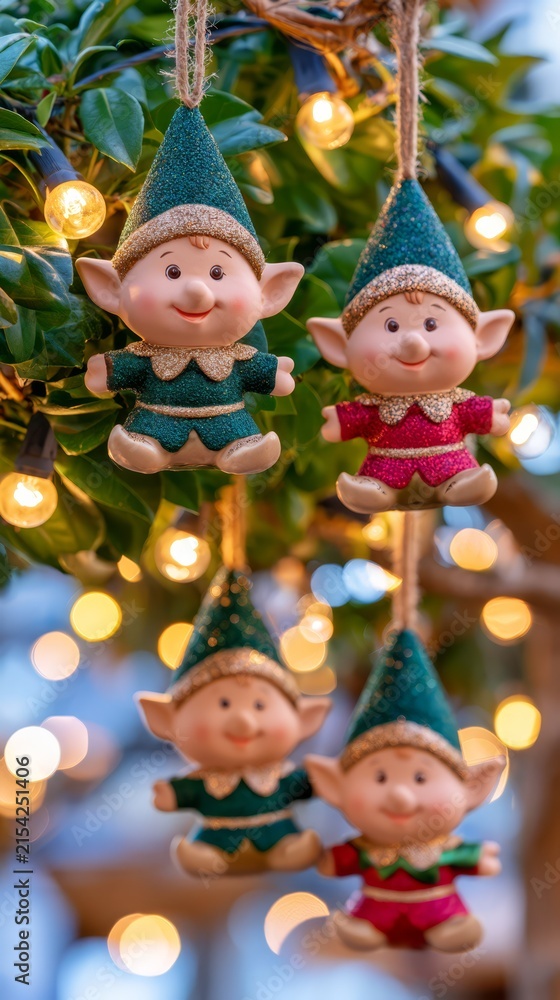 Fototapeta premium Festive elf ornaments hanging from a Christmas tree, featuring whimsical woodland characters, warm fairy lights, golden bokeh, and cozy holiday atmosphere.
