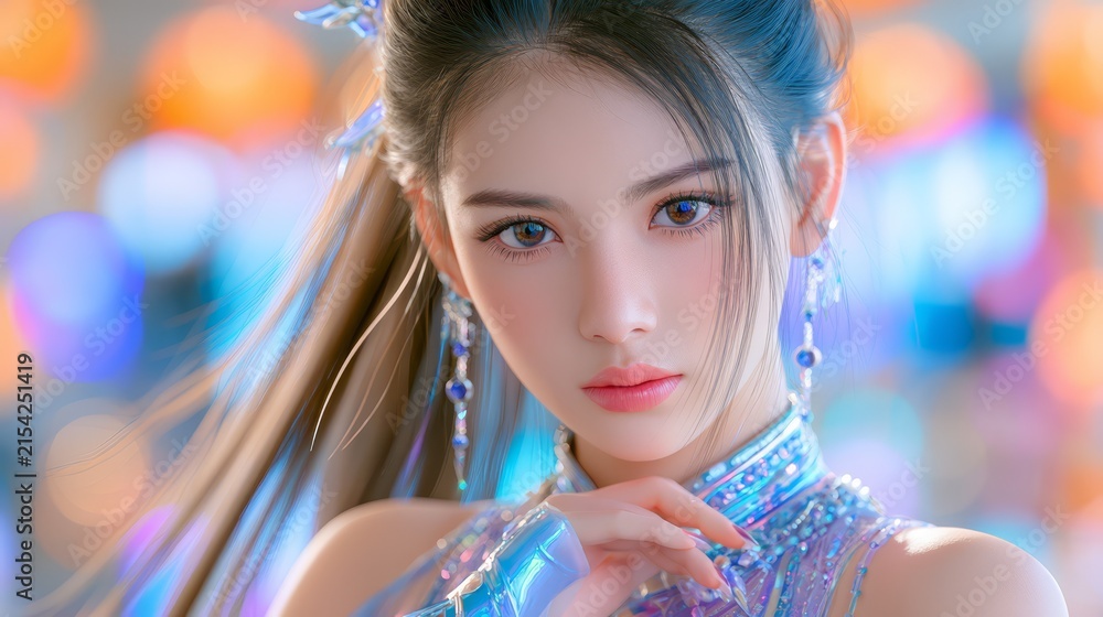 Fototapeta premium Close-up portrait of a futuristic young woman with glossy makeup, colorful neon lighting, soft bokeh, and iridescent fashion, creating a dreamy Y2K cyberpunk aesthetic.