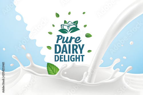 Creamy milk splash pouring with fresh green mint leaves and branding logo on blue background