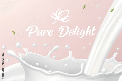 Fresh organic milk pouring into splashes with delicate green leaves on soft pink gradient background