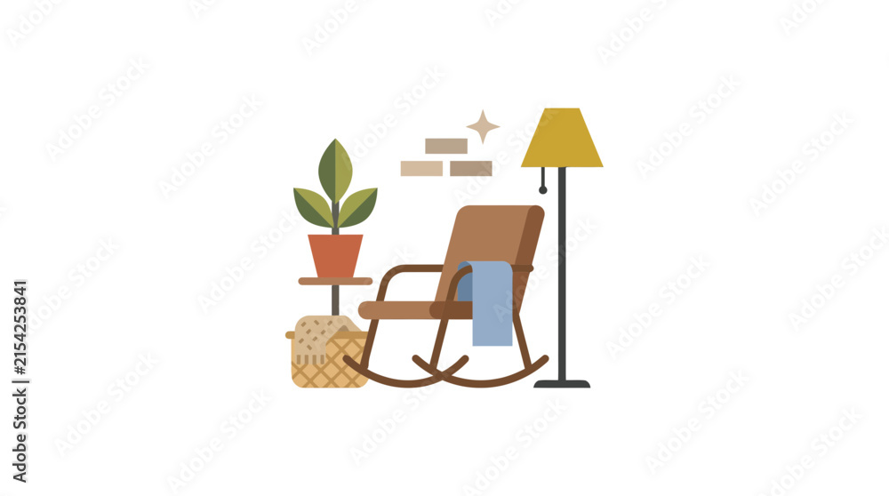 Fototapeta premium Cozy Living Room Corner Illustration with Rocking Chair and Plant