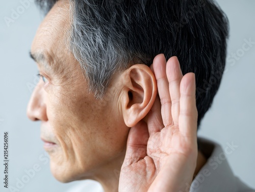 Obraz w ramie 耳に手を当てて周囲の音を注意深く聞き取ろうとするシニア男性の横顔クローズアップ