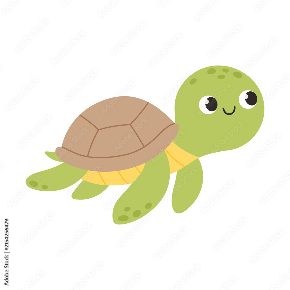 Obraz premium Kawaii smiling sea turtle. Friendly marine animal with simple flat design for children, nursery decor, education, books and baby products
