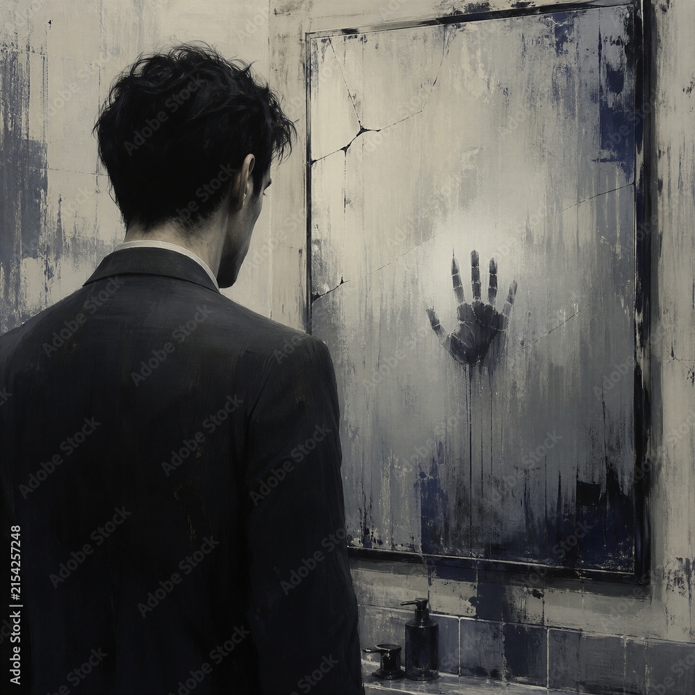 Obraz premium Lonely man facing a cracked mirror with a mysterious handprint. Unrecognized superhero struggling against isolation, inner conflict, and an unforgiving world.