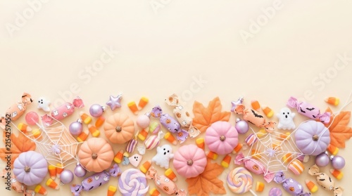 Halloween close-up of colorful candy corn scattered on a white