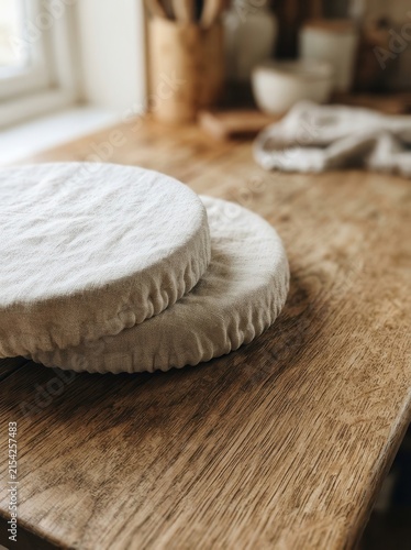 Rustic Sourdough Proofing Baskets Covered in Natural Linen Fabric on a Warm Wooden Kitchen Table for Authentic Artisan Bread Baking Preparation