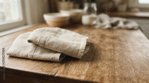 Rustic Linen Kitchen Towel Resting on a Weathered Wooden Tabletop for a Cozy Homestead Aesthetic and Minimalist Culinary Interior Design Inspiration