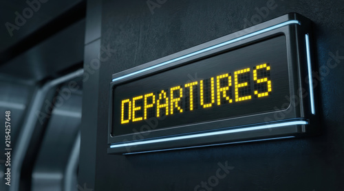Departure sign with yellow lights on black wall in aero industry terminal showing flight information for travelers
