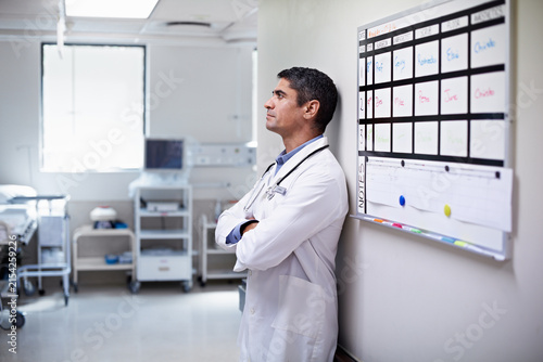 Quadro su tela Man, doctor and stress in hospital with schedule, thinking or bad news with operation mistake