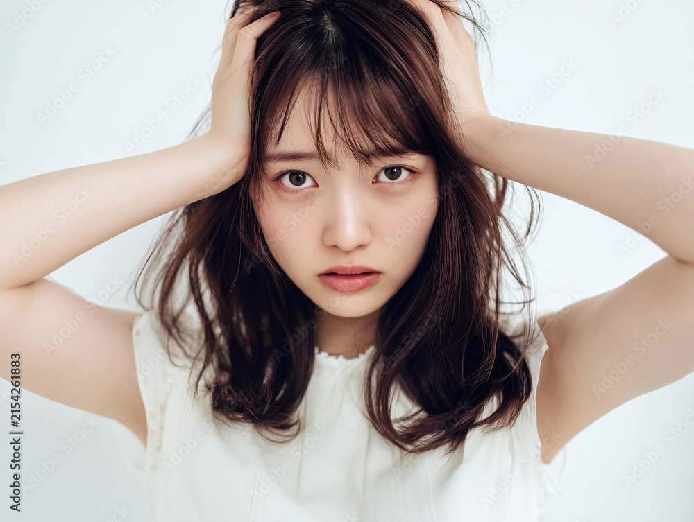 Naklejka premium 両手で頭を抱えながら不安げな表情でこちらを見つめる深刻な悩みを抱えた茶髪の若い女性