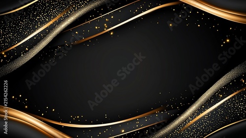 Abstract Black Background with Luxury Golden Wavy Lines and Glitter Dust