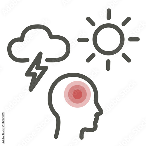A minimalist line-art icon illustrating a migraine headache caused by weather changes, showing a person's profile with a red pain point and symbols for a storm and sun above.