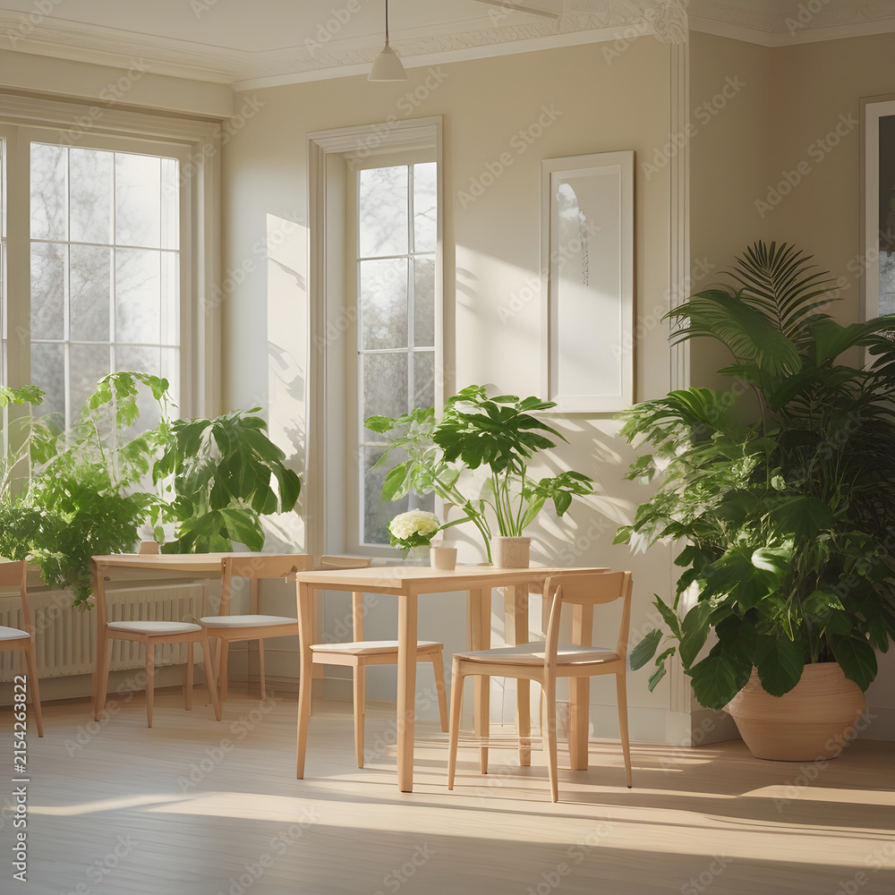 Fototapeta premium Bright and serene interior room filled with lush green houseplants and minimalist wooden furniture