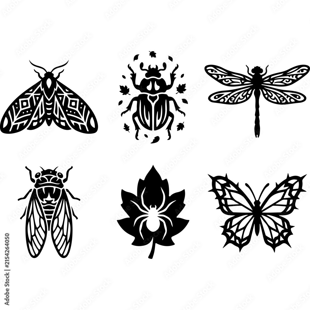 Naklejka premium Tribal insect silhouette collection, 6 black bug vector icons, mystical butterfly and beetle stencils, nature tattoo art elements