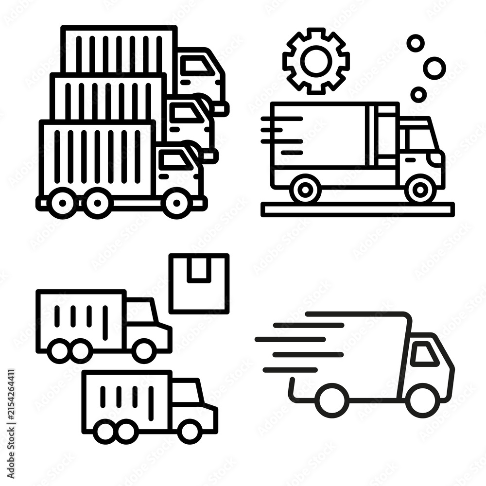 Fototapeta premium Set of minimalist logistics and delivery trucks icons with clean line art style and transparent background PNG for shipping and warehouse management applications