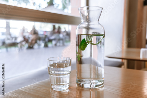 A glass carafe filled with fresh water and fresh mint leaves