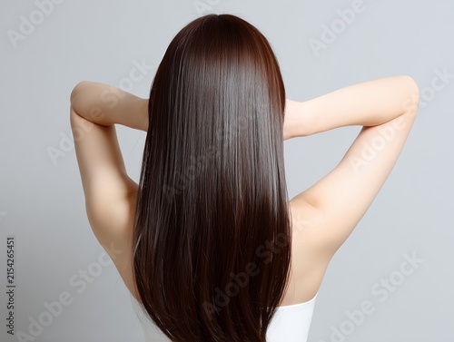 Plakat 自分の両手で頭の後ろを優しく包み込み美しい艶のあるロングヘアを見せる後ろ姿の女性
