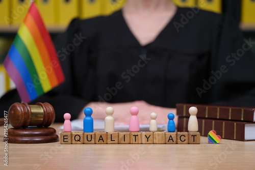 In a courtroom setting, a judge in a black robe oversees a display featuring colorful wooden figures representing gender diversity. Rainbow icons symbolize inclusivity.