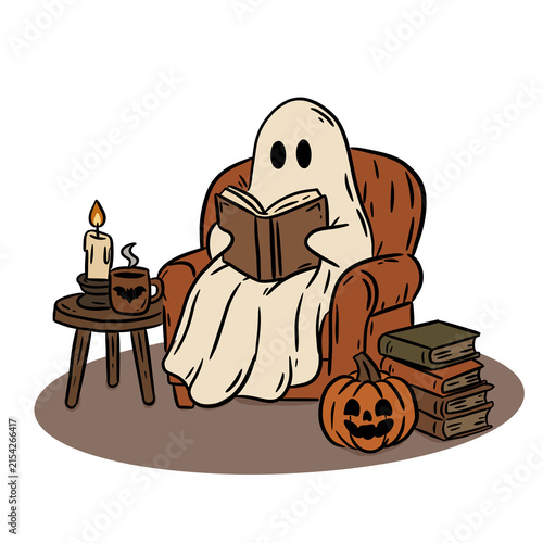 Принти на полотні Cute ghost in an armchair enjoying a book, whimsical Halloween reading nook stic