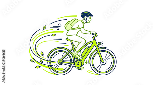 Man riding electric bicycle with leaves and wind