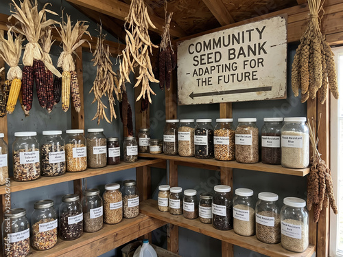 Community seed bank jars with various drought tolerant and flood resistant maize and rice seeds stored for future planting