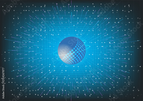 Futuristic digital globe surrounded by glowing data connections, network nodes, and dynamic light rays. Abstract high-tech technology concept representing global connectivity, artificial intelligence.