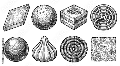 Collection of traditional Indian sweets in vintage engraving style, including laddu, kaju katli, and modak, isolated on white background.