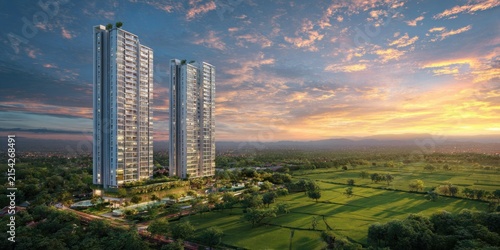 Modern high rise buildings in natural landscape under a colorful sky at sunset