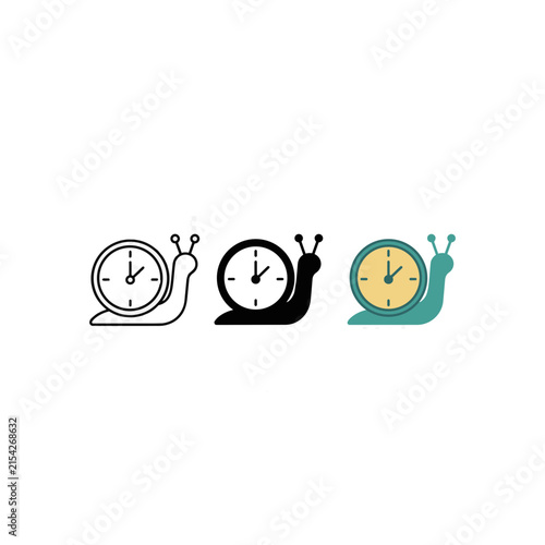 Three colorful snail and clock icons