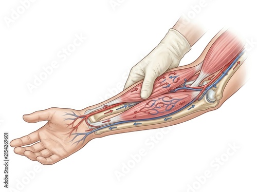 Medical illustration showing human forearm muscle anatomy with circulatory system blood flow direction arrows with vessels arrows indicating