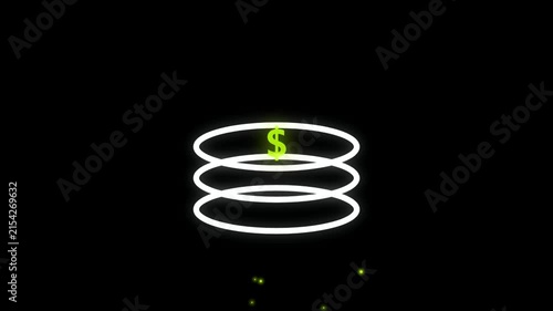 Abstract glowing neon rings with a dollar sign symbol on a black background.