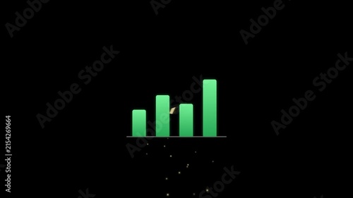 Minimalist green bar chart illustration with reflection on black background.