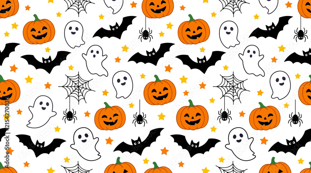 Fototapeta premium Seamless Halloween Pattern with Cute Pumpkins Bats Ghosts and Spiders